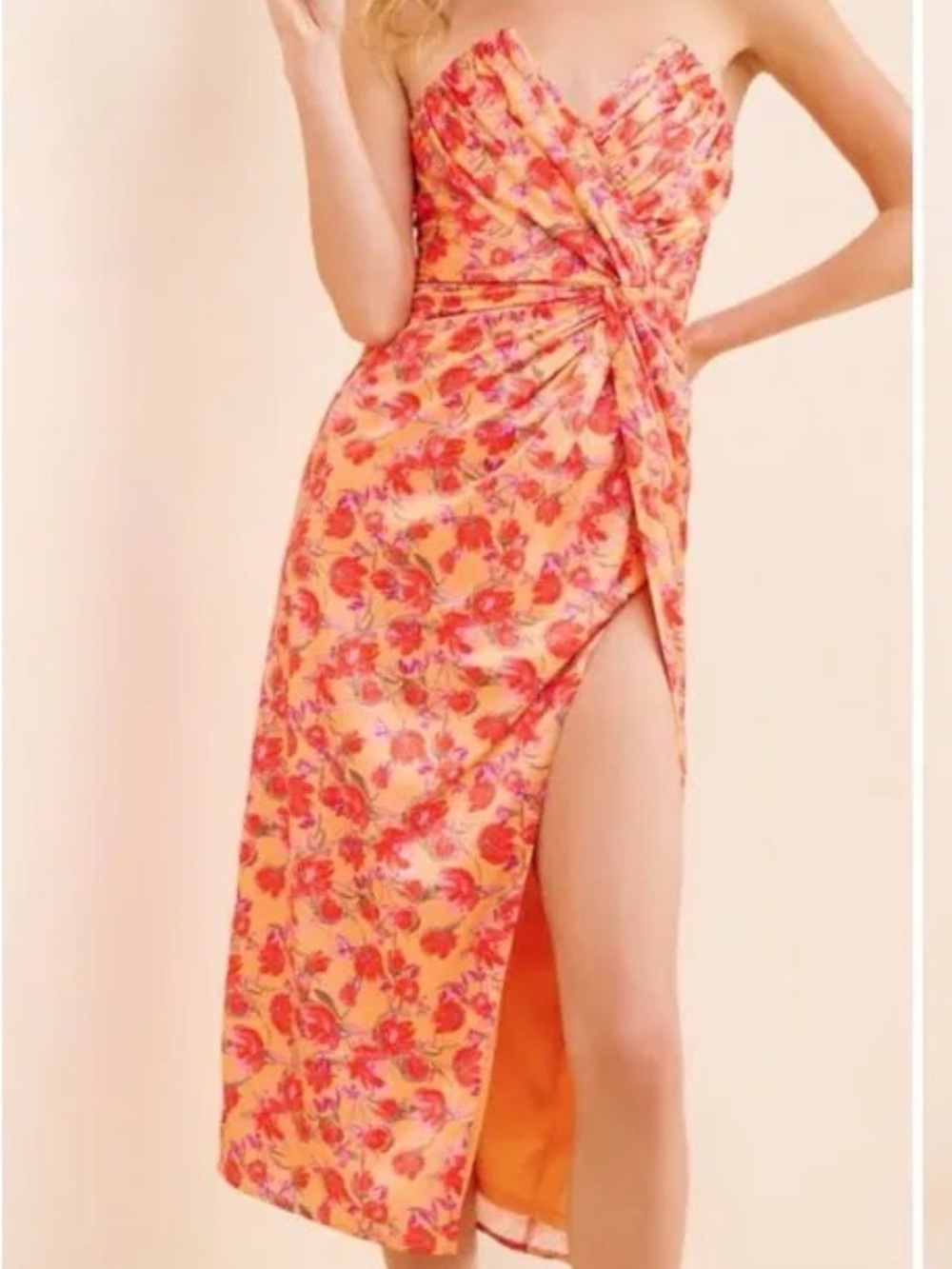 Vici Dee Elly Floral Orange Twist Front Strapless Midi Dress